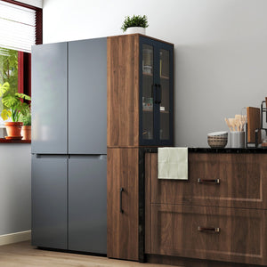 English Elm 70.87" Modern Display Storage Cabinet with 4-Tier Pull-Out Shelves, Dual Glass Doors for Home Walnut W331P295246