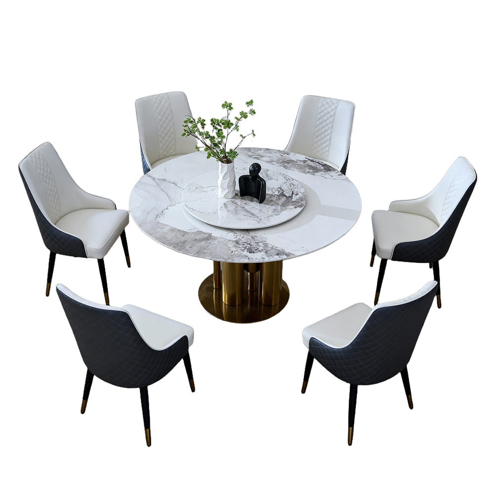 English Elm 59" Round Sintered Stone Dining Table with Lazy Susan Seats 6 Modern Minimalist W2699S00098
