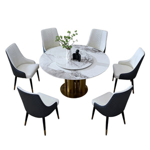 English Elm 59" Round Sintered Stone Dining Table with Lazy Susan Seats 6 Modern Minimalist W2699S00098