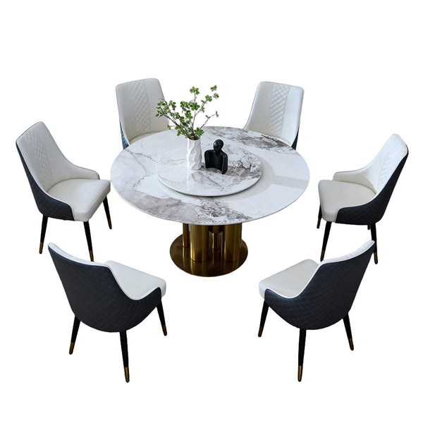 English Elm 59" Round Sintered Stone Dining Table with Lazy Susan Seats 6 Modern Minimalist W2699S00098