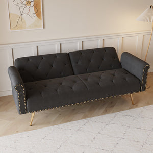 English Elm A Velvet 69.7" Sofa Bed with Gold Legs, Nailhead Trim, 2-Seater Convertible Sofa with Pillow Black W3356P298444