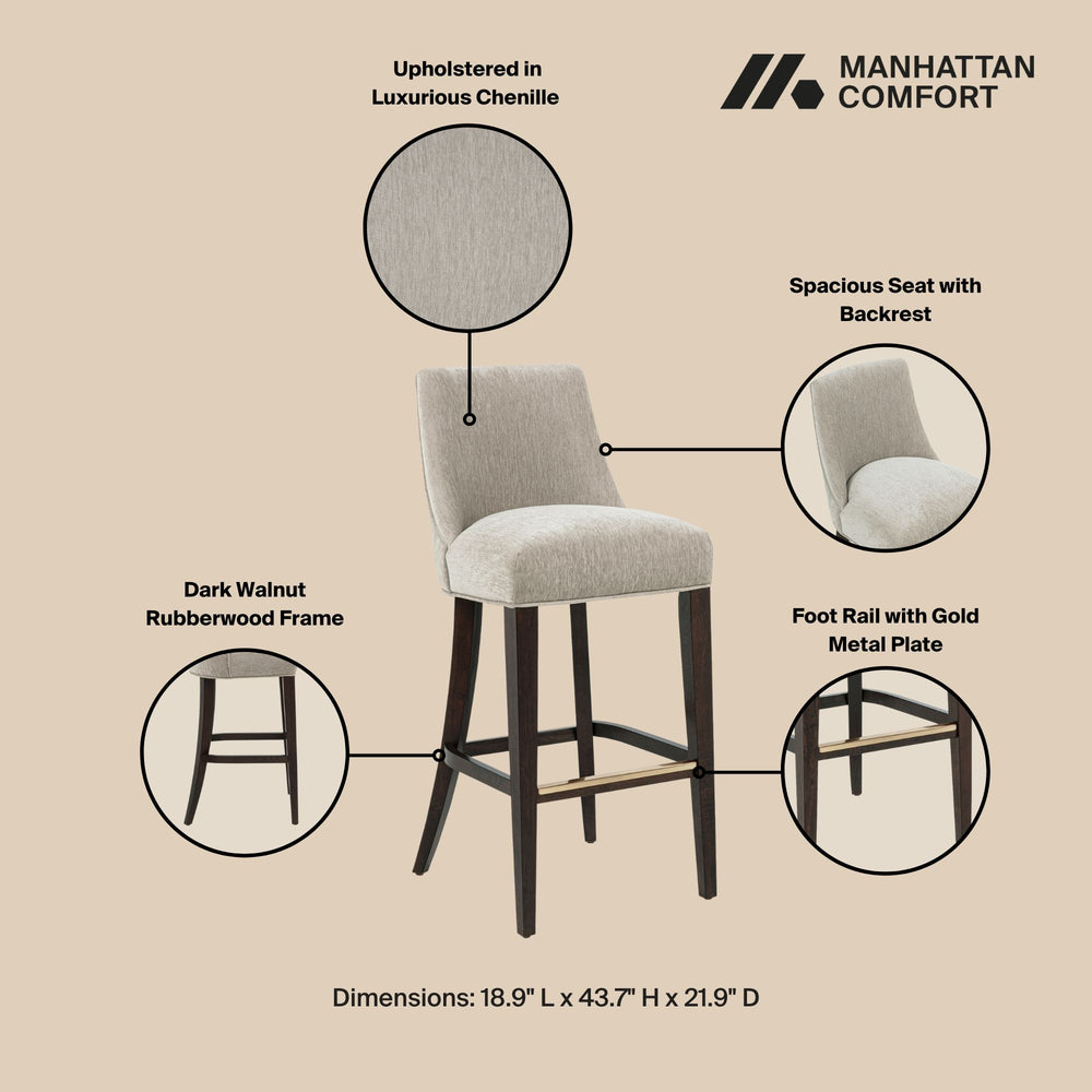 English Elm Beever Elegant Taupe Chenille Upholstered Barstool With Rubberwood Frame & Gold Accents For Comfort B365P397993