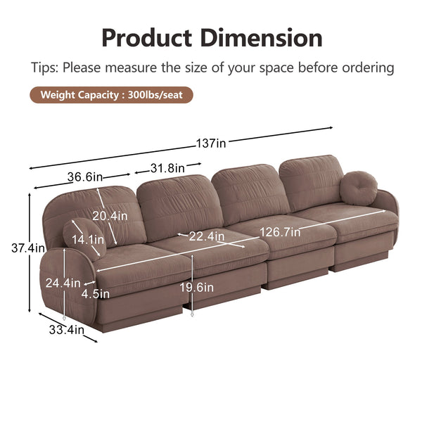 English Elm 137"chenille Cloud Sofa Deep Seat Four Seater with Quilted Cushions for Living Room Rose Dust W714S01780