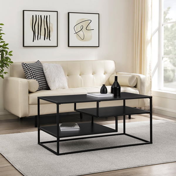 English Elm Walker Edison - Modern Minimal Floating Shelf Coffee Table Solid Black – Sleek Powder-Coated Steel, Two Display Shelves, Warp-Resistant MDF B185P326694