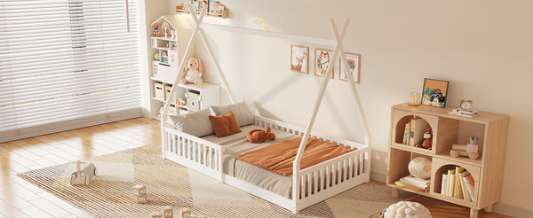 English Elm Twin House Bed with Roof and Fence for Kids – Sturdy Pine Frame, Vintage Wash Design, Safe Sleep Space White N709P183348K