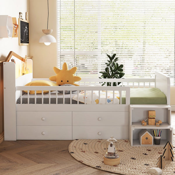 English Elm Low Twin Loft Bed with House-Style Headboard and Built-In LED Lights for Modern Kids' Rooms White 42.91 L x 28.35 W x 6.69 H W2593S00006