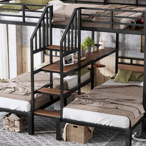 English Elm Full Xl Over Twin Triple Metal Bunk Bed with Storage Stairs and Shelves Black W1580S00546