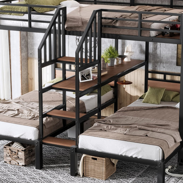 English Elm Full Xl Over Twin Triple Metal Bunk Bed with Storage Stairs and Shelves Black W1580S00546