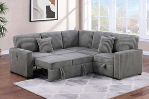 English Elm Modern Corduroy Three Piece Sectional Sofa with Storage Pull Out Bed and Usb Charging B011S02171