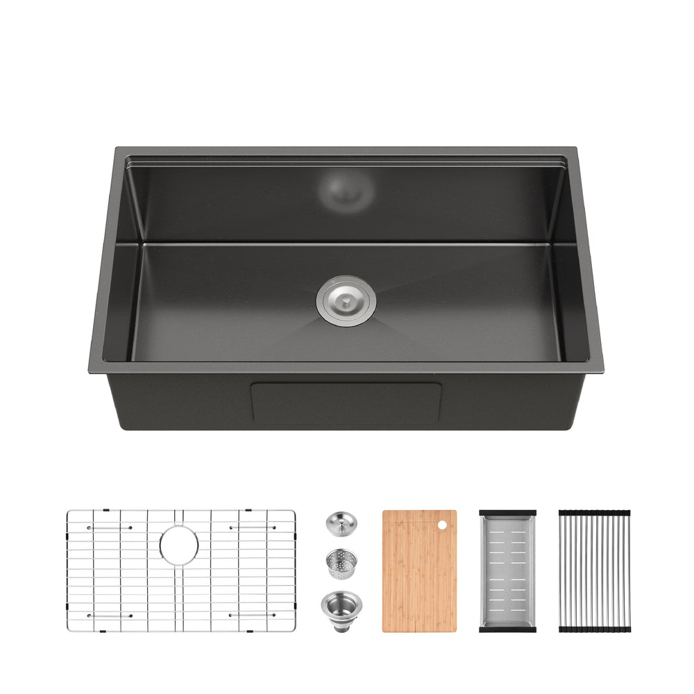 English Elm Kitchen Workstation Undermount Single Bowl Handcrafted Matte Black Stainless Steel Prep Sink T3177P286046