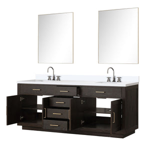 English Elm Brown Oak Double Bath Vanity Set With Cultured Marble Top, Chrome Faucets & 36" Mirrors, 84" W B2731S01816