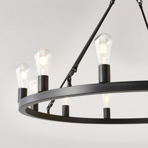 English Elm 39.4 Inch Wagon Wheel Chandelier 12-light Matte Black Farmhouse Pendant for Foyer Dining W5008P389282