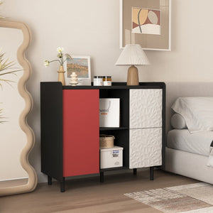 English Elm Sideboard Buffet Cabinet - Modern Black & Red Storage Solution With Unique Paneling For Home Decor W409P176588-GIGA