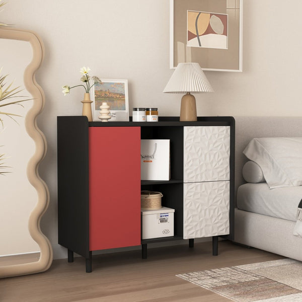English Elm Sideboard Buffet Cabinet - Modern Black & Red Storage Solution With Unique Paneling For Home Decor W409P176588-GIGA