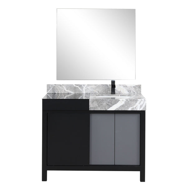 English Elm Black Bath Vanity Set With Castle Grey Marble Top, Matte Black Faucet & 34" Mirror For Modern Style B2731S01352