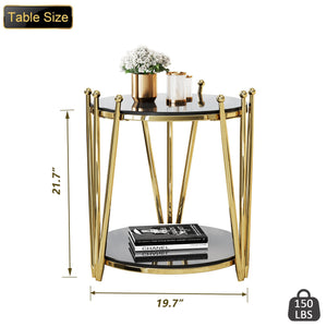 English Elm 19.69inch Gold Round Coffee Table with Crown Frame, 8mm Tempered Glass, Stainless Steel Base, Chic Storage Black W1550P171469