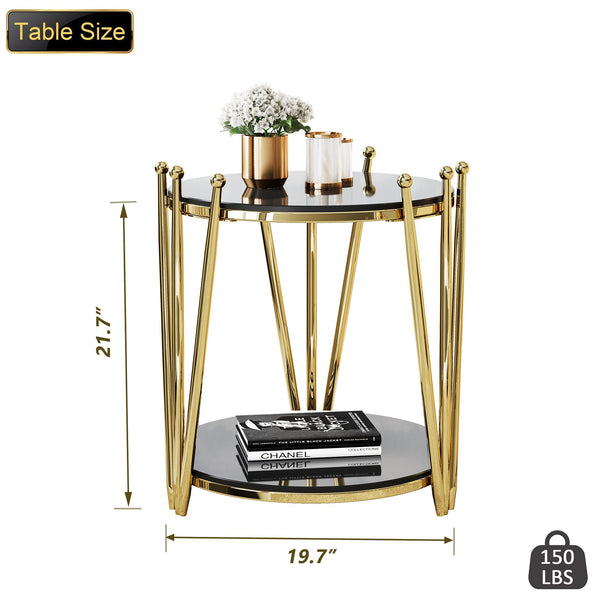 English Elm 19.69inch Gold Round Coffee Table with Crown Frame, 8mm Tempered Glass, Stainless Steel Base, Chic Storage Black W1550P171469