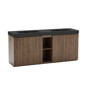 English Elm Galan 72 Inch Double Sink Vanity Fluted Wood Quartz Top Freestanding Bathroom Cabinet Walnut Brown W1865S00231