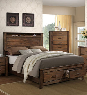 English Elm Modern Oak Veneer Eastern King Platform Bed with Headboard Shelving and Underbed Drawers B011S02144