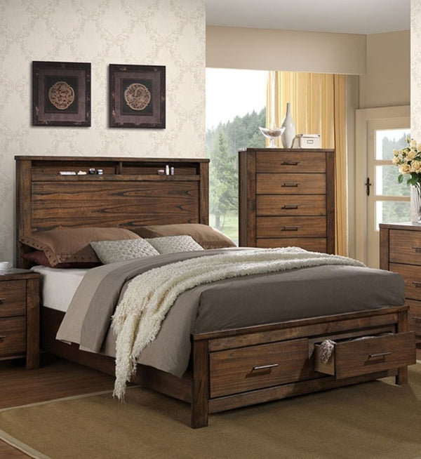 English Elm Modern Oak Veneer Eastern King Platform Bed with Headboard Shelving and Underbed Drawers B011S02144