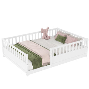English Elm Twin Montessori Floor Bed Solid Pine Frame with Safety Fence Door for Kids Play Space White W1858P382400
