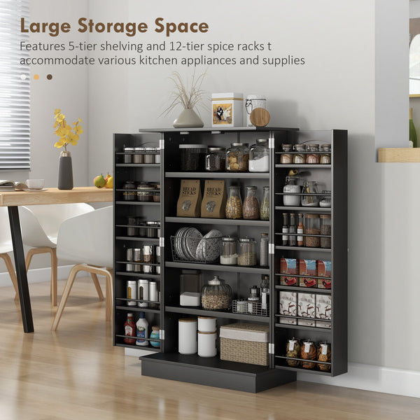 English Elm HOMCOM 41" Kitchen Pantry Storage Cabinet with 5-Tier Shelves, 12 Door Racks, Anti-Tip Straps, Sleek Design Black W2225P229097