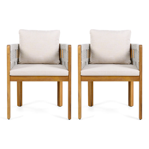 English Elm Acacia Wood Outdoor Dining Chair Set with Rope Arms and Waterproof Cushions N779P279983H