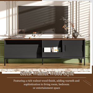 English Elm U-can Mid Century Walnut Media Console with Sliding Doors and Metal Frame for Living Rooms Black N724P360370B