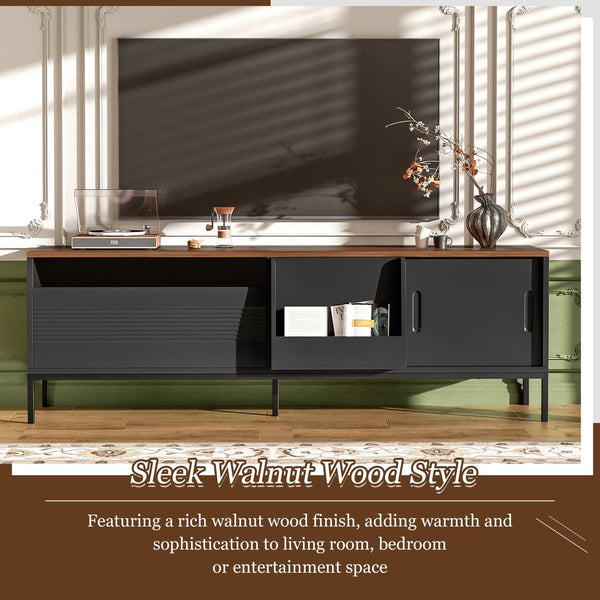 English Elm U-can Mid Century Walnut Media Console with Sliding Doors and Metal Frame for Living Rooms Black N724P360370B