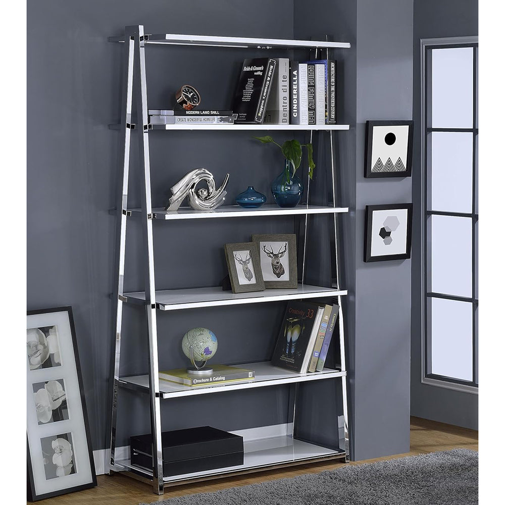 English Elm 6-Tier Leaning Bookcase White High Gloss with Chrome Frame, 6 Open Shelves for Books & Display Decor B016S00016