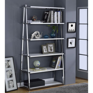 English Elm 6-Tier Leaning Bookcase White High Gloss with Chrome Frame, 6 Open Shelves for Books & Display Decor B016S00016