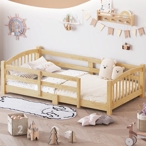 English Elm Twin Montessori Floor Bed Solid Pine Frame with Safety Guardrails for Kids Bedroom Natural N733P400298N