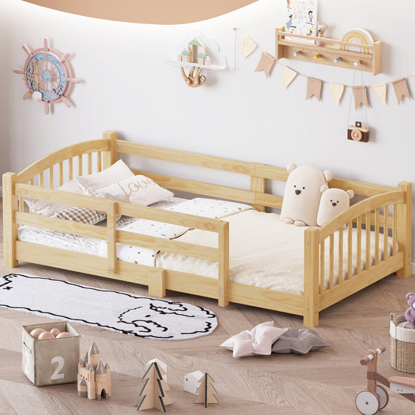 English Elm Twin Montessori Floor Bed Solid Pine Frame with Safety Guardrails for Kids Bedroom Natural N733P400298N