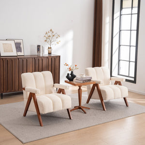 English Elm Mid-century Modern Chenille Lounge Chair Set Oak Frame Cloud Silhouette Living Room Beige W1170S00052