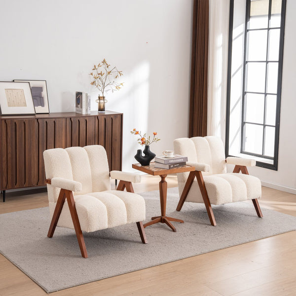 English Elm Mid-century Modern Chenille Lounge Chair Set Oak Frame Cloud Silhouette Living Room Beige W1170S00052