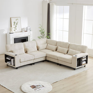 English Elm 102.75*102.75" L-Shaped Modular Sectional Sofa with Corduroy Upholstery, Storage Arm, Cup Holder, 5-Seat Convertible Lounge Beige W1926S00053