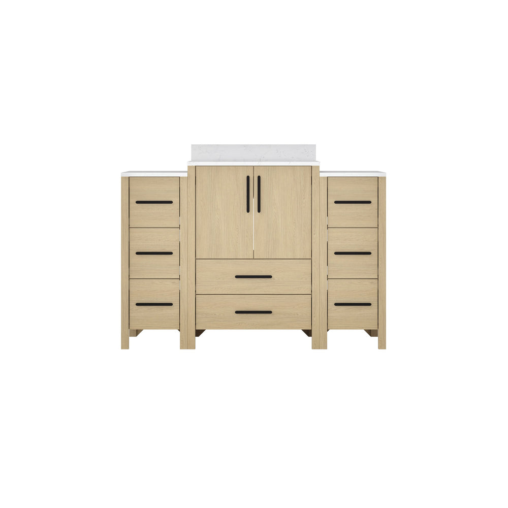 English Elm 108"w×22"d×34"h Freestanding Double Sink Vanity with White Countertop Soft Close T3785S00003