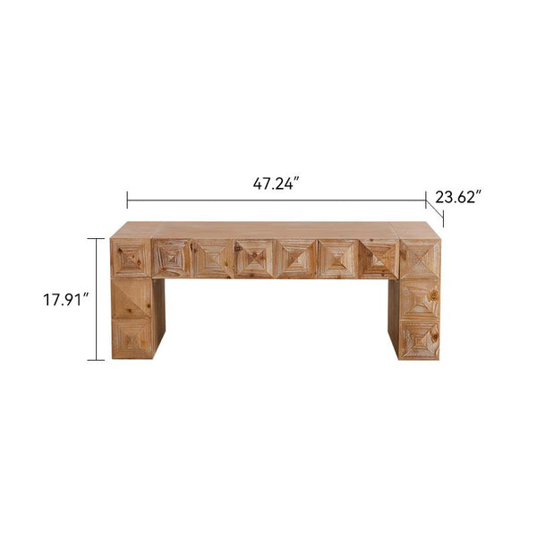 English Elm 47.24" Solid Wood Geometric Relief Carved Rectangular Coffee Table for Boho Living Rooms W3158P426657