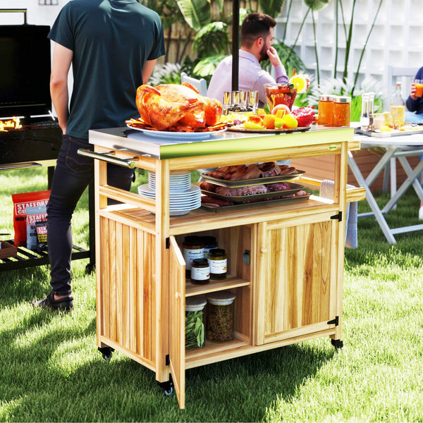 English Elm Outsunny Outdoor Kitchen Cart Solid Wood Steel Top Cabinets Spice Rack on Wheels W2225P485588