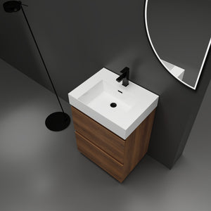English Elm 24" Modern Bathroom Vanity with Single Undermount Sink, Engineered Wood, Waterproof Finish, 2 Drawers and Pre-Drilled Faucet Hole Brown W1972S00006