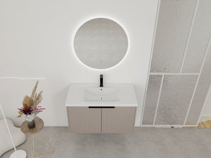 English Elm 36" Floating Bathroom Vanity with Resin Sink, Wavy Doors, Dual Soft-Close Cabinets, Plywood Durable Finish W999P293173