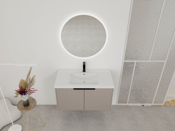 English Elm 36" Floating Bathroom Vanity with Resin Sink, Wavy Doors, Dual Soft-Close Cabinets, Plywood Durable Finish W999P293173