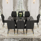 English Elm Black Marble Pattern Tempered Glass Dining Set - 71"X35.4" With 8 Black Pu Chairs With A Widened Backrest Design.