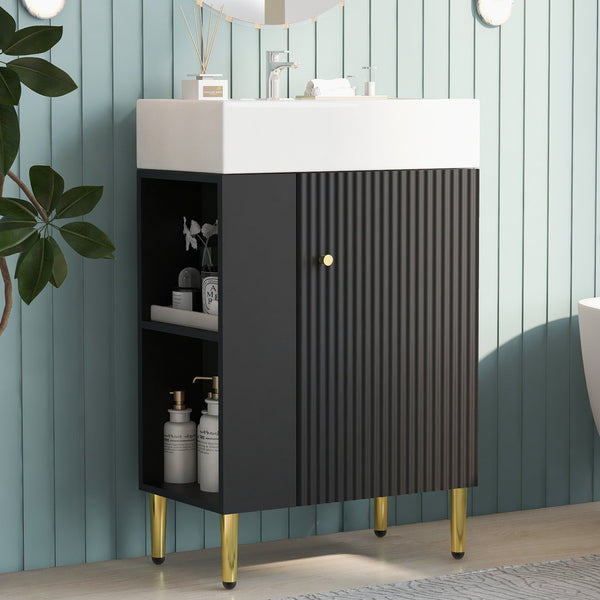 English Elm 21.6" Black Bathroom Vanity with Ceramic Sink, Left Side Storage, Gold Legs, Soft-Close Hinges and Triple-Coat Finish SV000007AAB