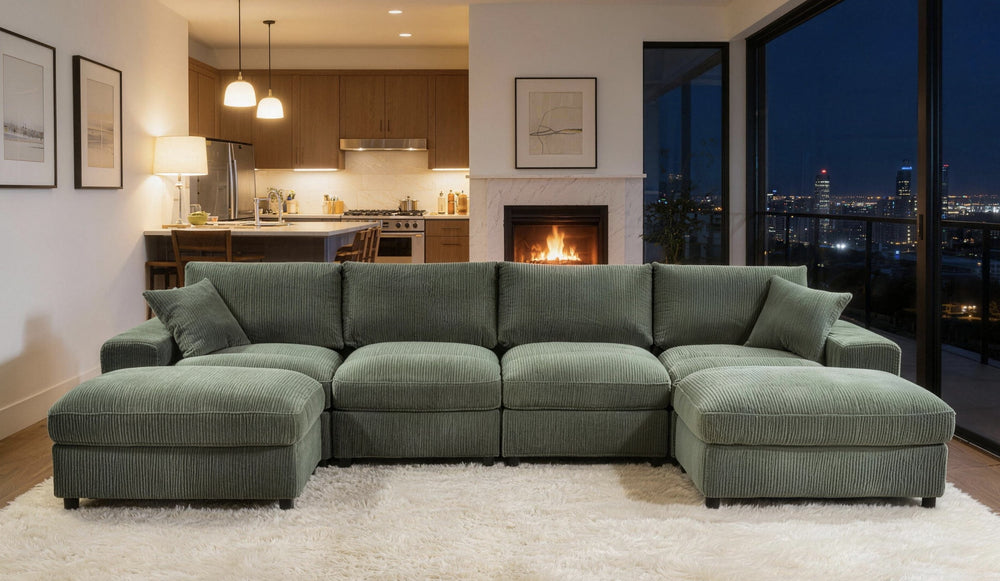 English Elm Sectional with Ottomans Low Profile Modern Minimalist Sofa for Open Living Rooms Dark Green B2748S00092