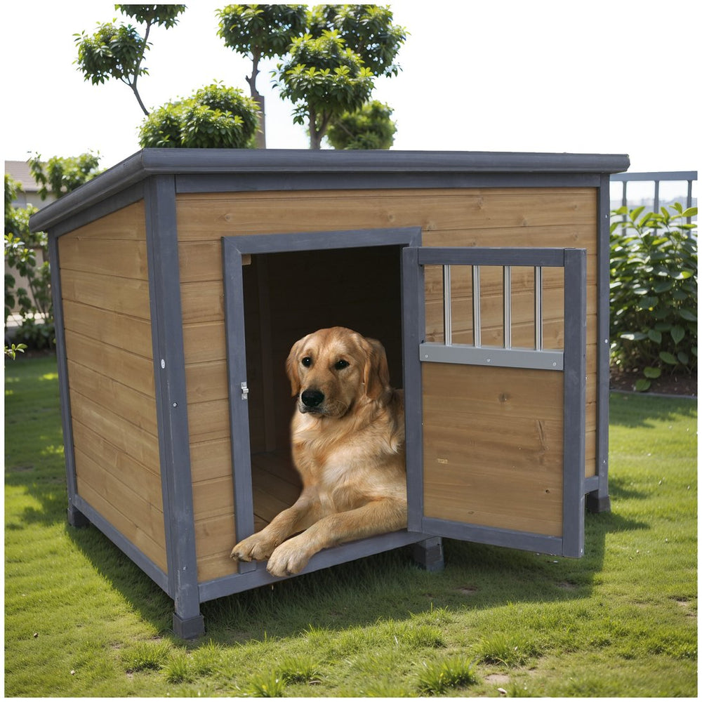 English Elm 45"large Solid Wood Outdoor Dog House with Pvc Roof Elevated Floor and Ventilation Windows W1431P166718