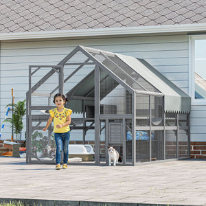 English Elm Cat, Cat Outdoor Wooden Enclosure with Seven Platforms Resting Boxes and Waterproof Canopy W1598S00040