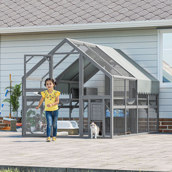 English Elm Cat, Cat Outdoor Wooden Enclosure with Seven Platforms Resting Boxes and Waterproof Canopy W1598S00040