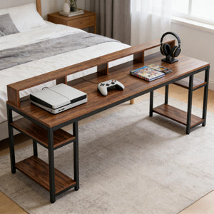 English Elm Computer Desk Two Person Wood Grain Workstation with Drawers for Shared Home Office T3971P453681