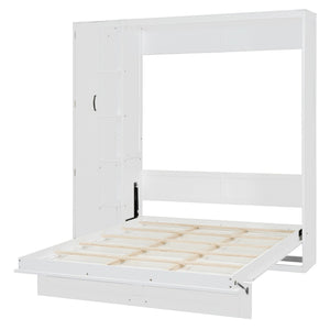 English Elm Queen Murphy Wall Bed with Led Lighting Open Shelves and Wardrobe Cabinet Storage White LP000899AAK-1